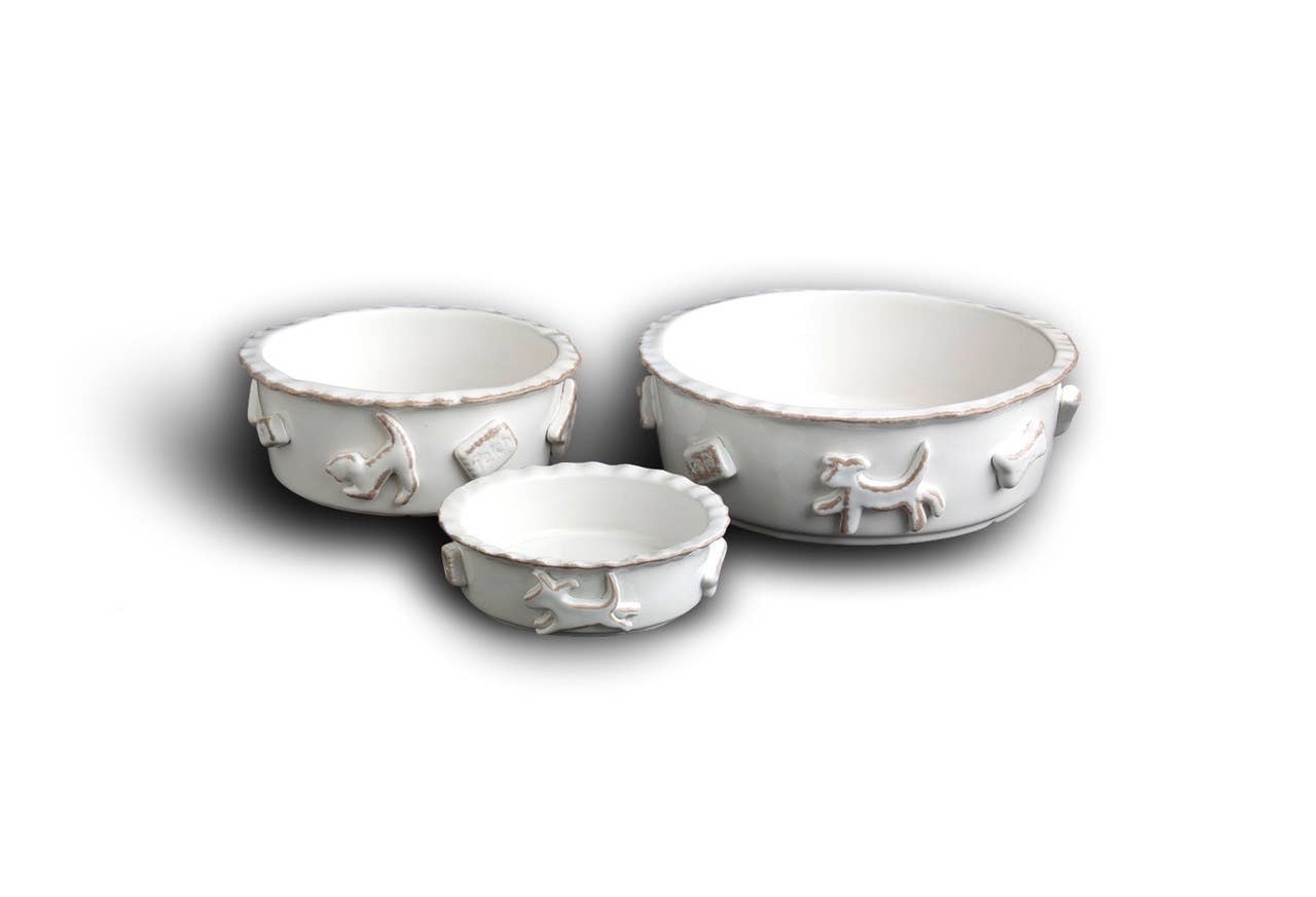 Dog Food And Water Bowl - Large French White
