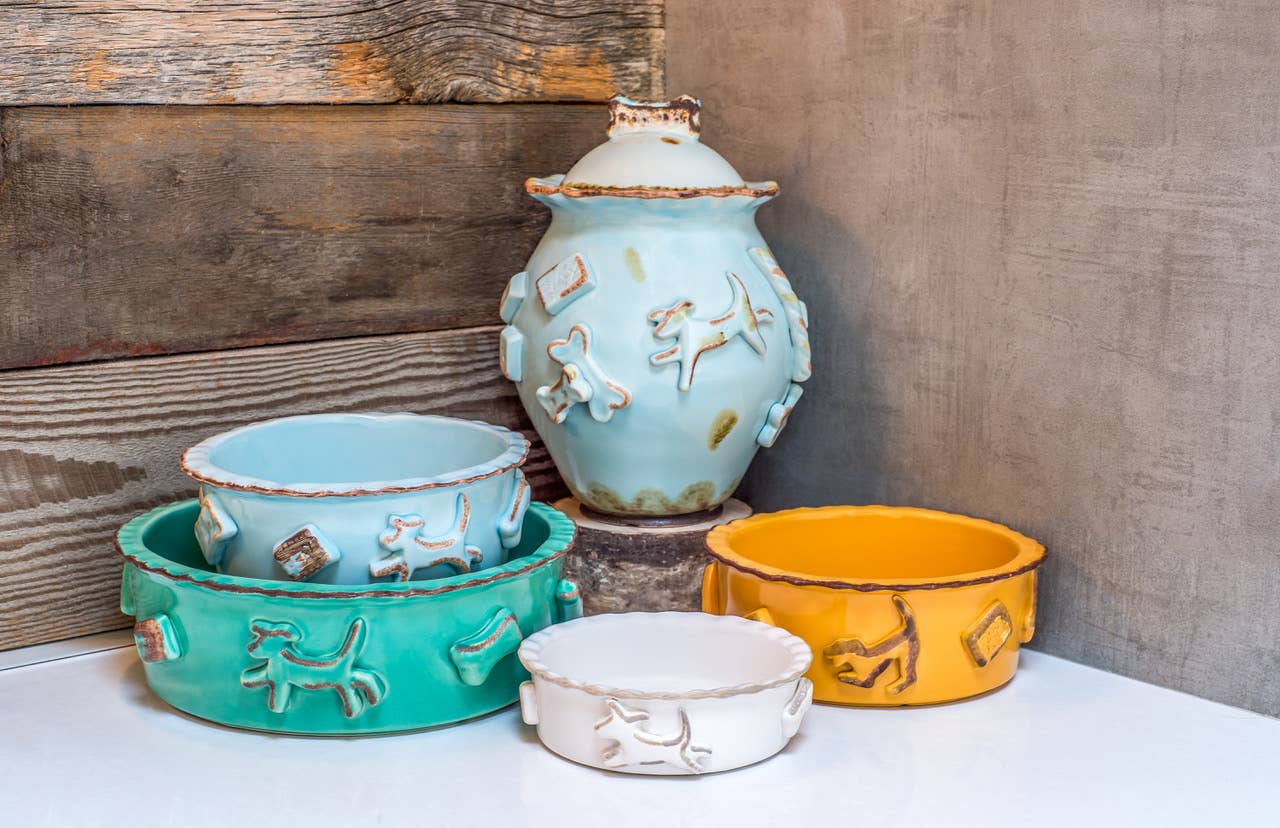 Dog Food And Water Bowl - Large French White