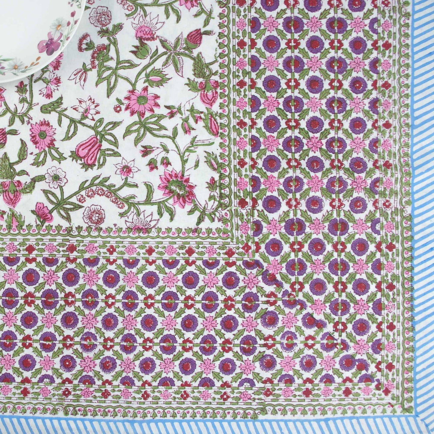 Block Printed Rectangular Tablecloth - Pink Floral Jaal