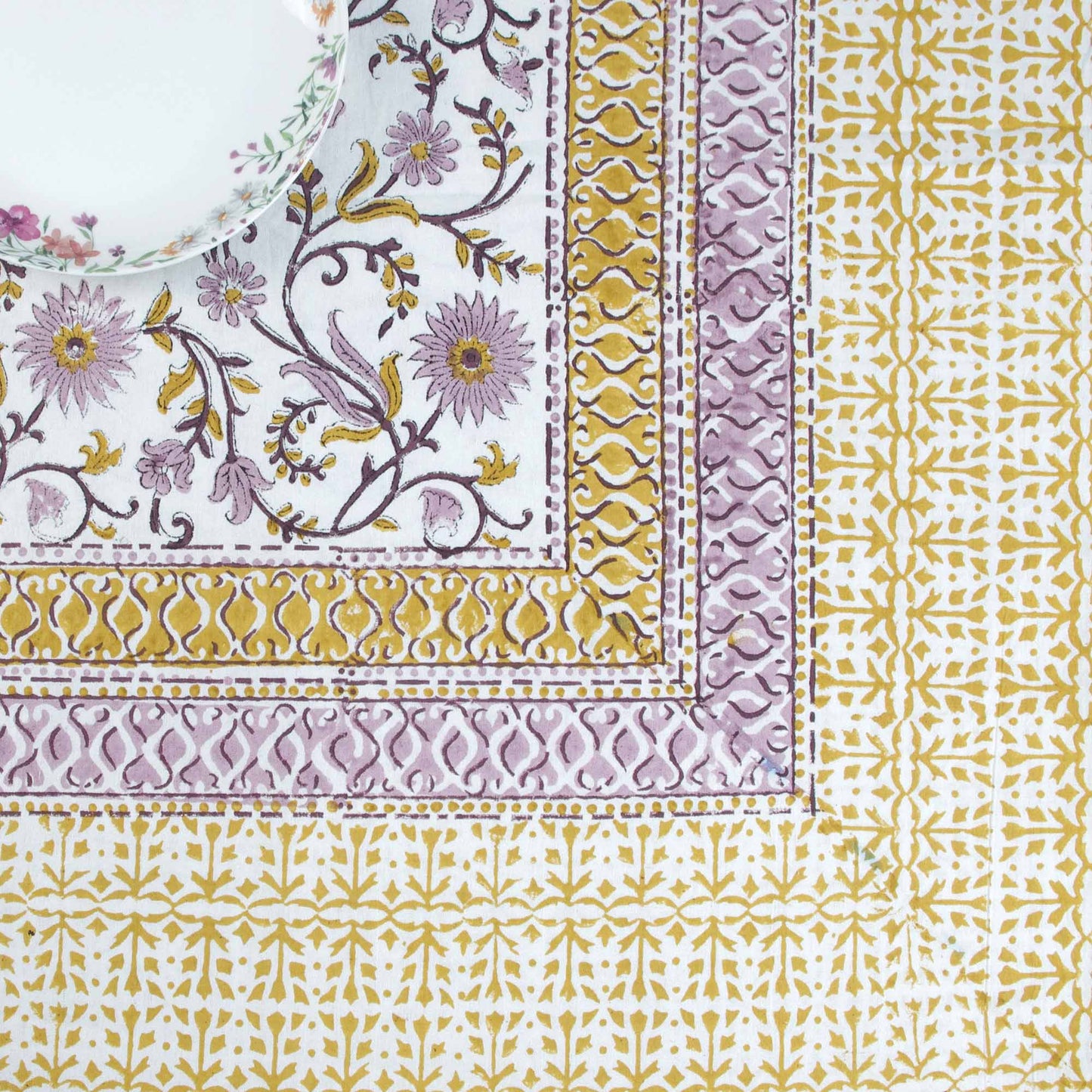 Block Printed Rectangular Tablecloth - White Floral Jaal