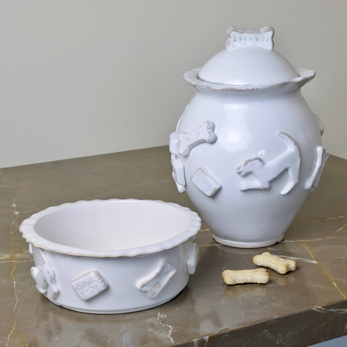 Dog Food And Water Bowl - Large French White