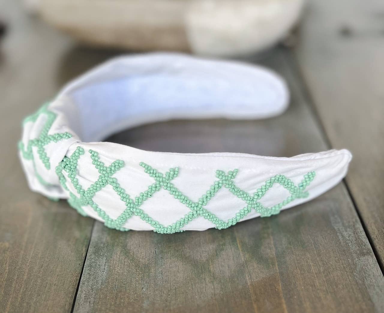 Spring Criss Cross Seed Beaded Hearts Top Knot Headband