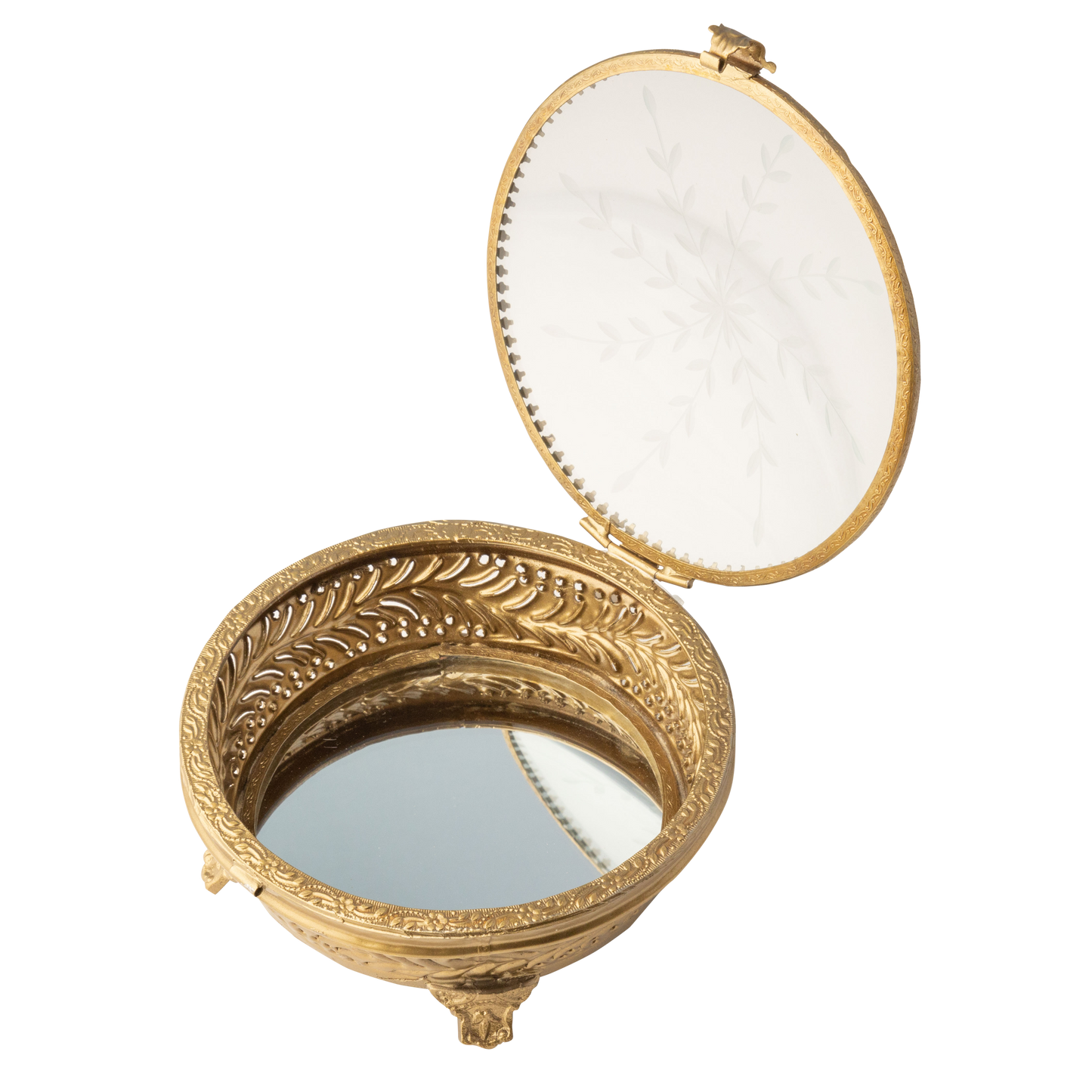 A92042 Filigree metal round jewelry box, glass lid, 6 in dia