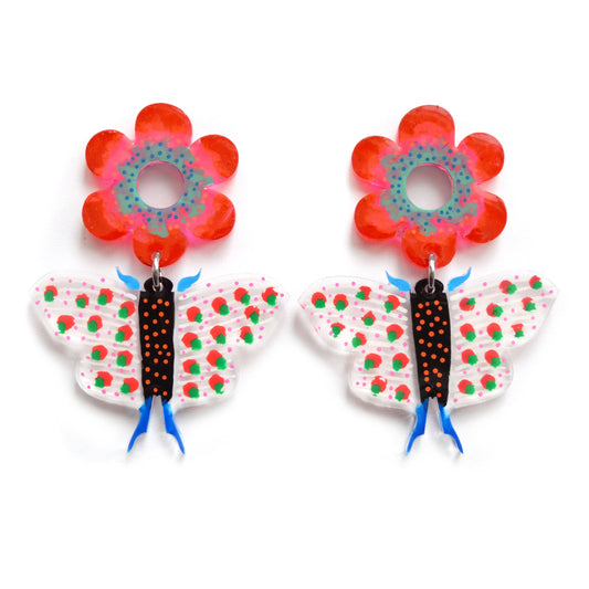 Red Butterfly and Flower Resin Earrings