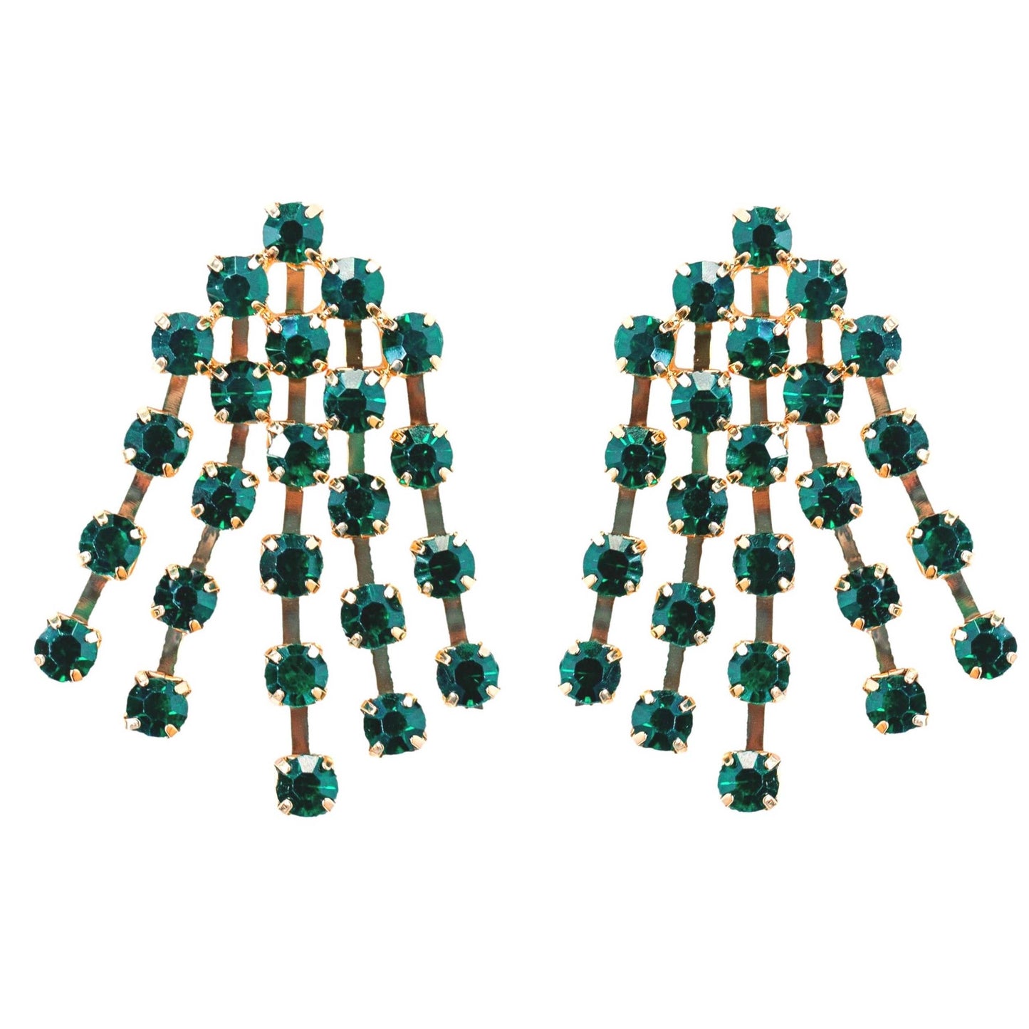 Green Rhinestone Tassel Holiday Statement Earrings