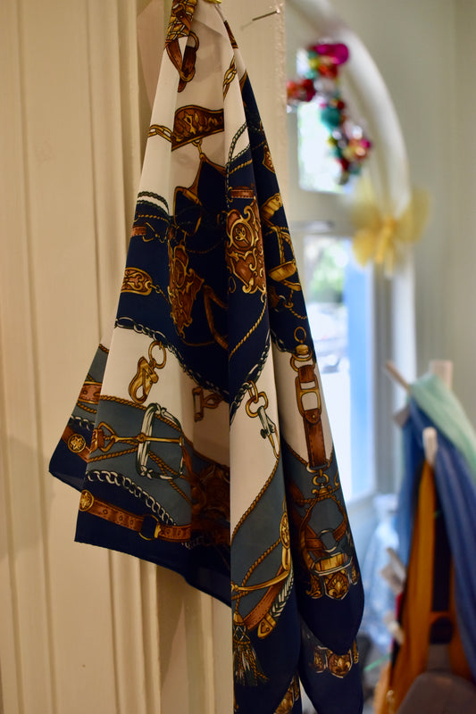 Chain & Bag Print Silky Scarf-Navy