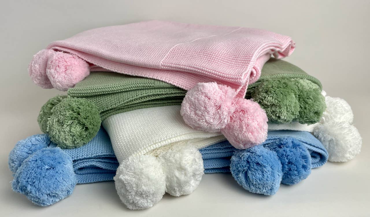 4031 - Knit Baby Blanket with Pompoms 100%Cotton: Pink