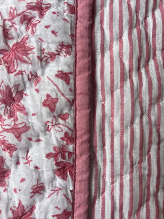 Reversible Baby Blanket in Whimsy Floral/Stripe- Dusty Rose