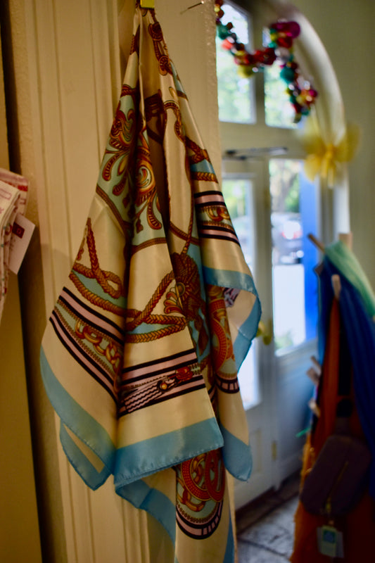 Tassel Print Silky Scarf-Light Blue