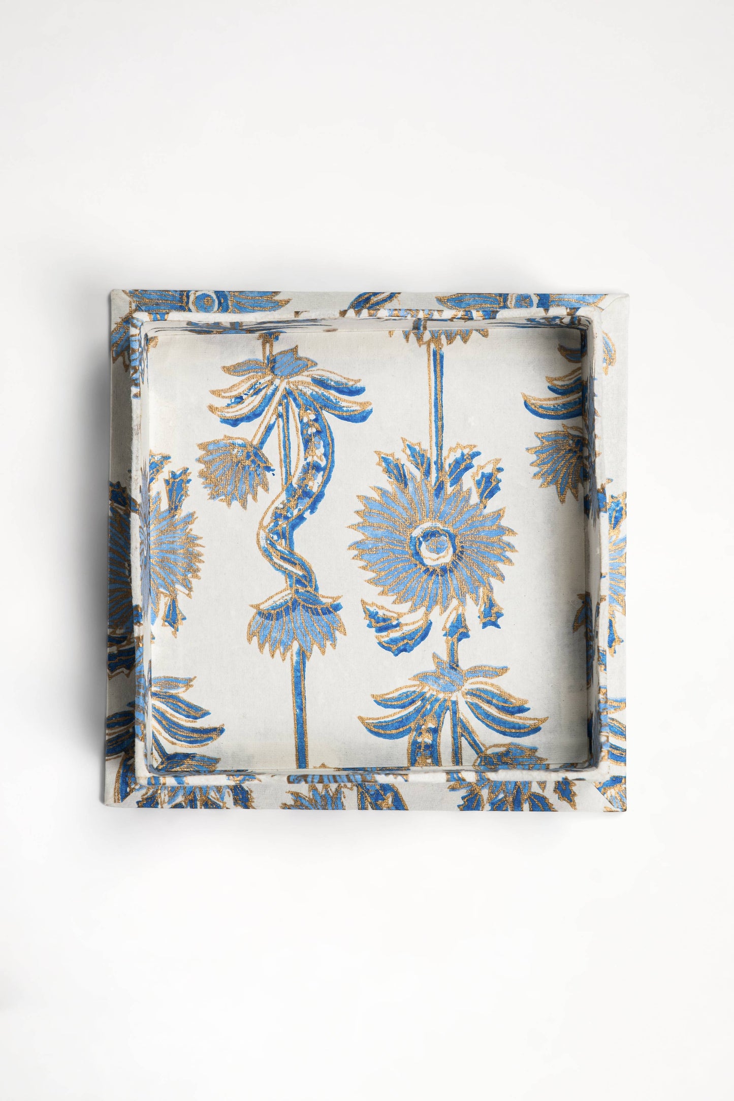 Floral Vines Blockprint Tray-  Blue