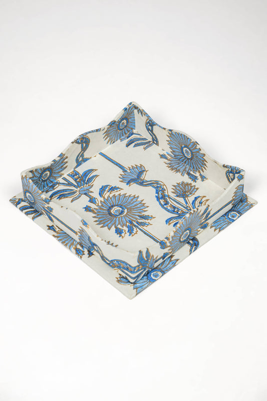 Floral Vines Blockprint Tray-  Blue