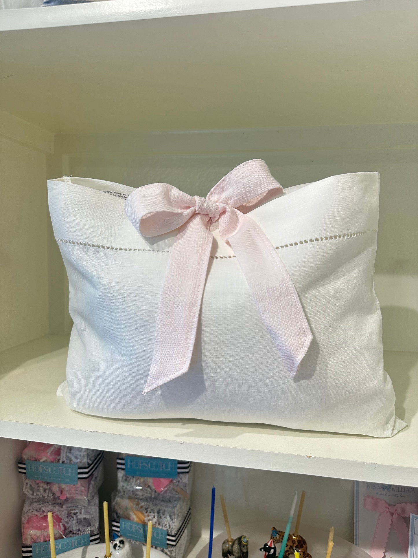 Linen Hemstitched Pillow with Pink Ties