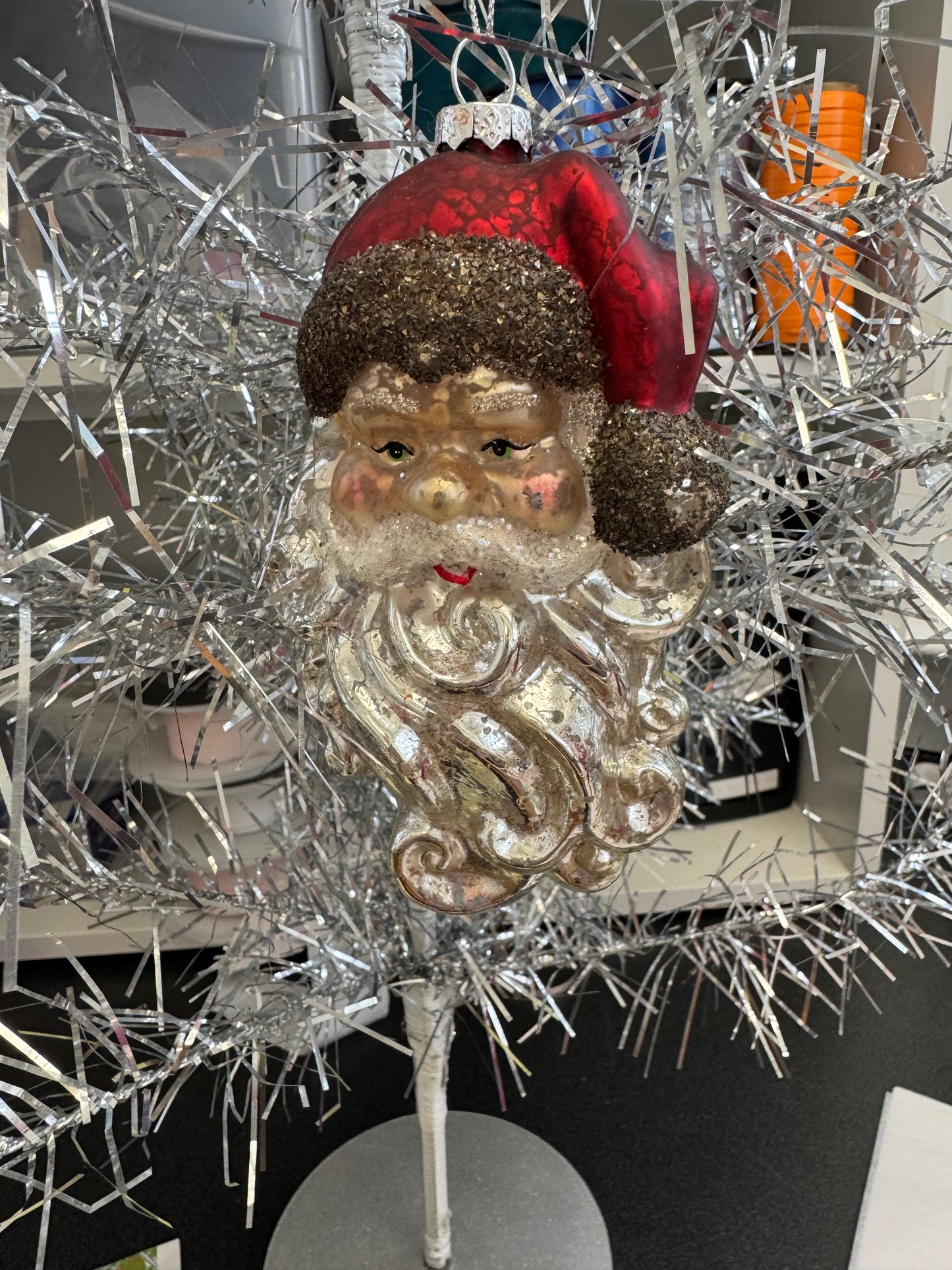 Glass Santa head silver red