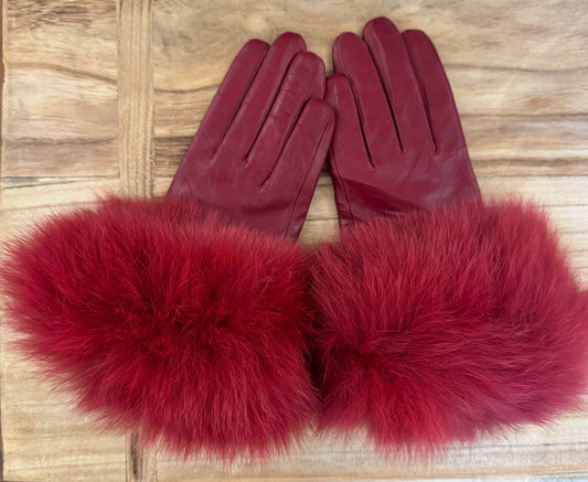 Leather Gloves with Fur Cuff - Burgundy