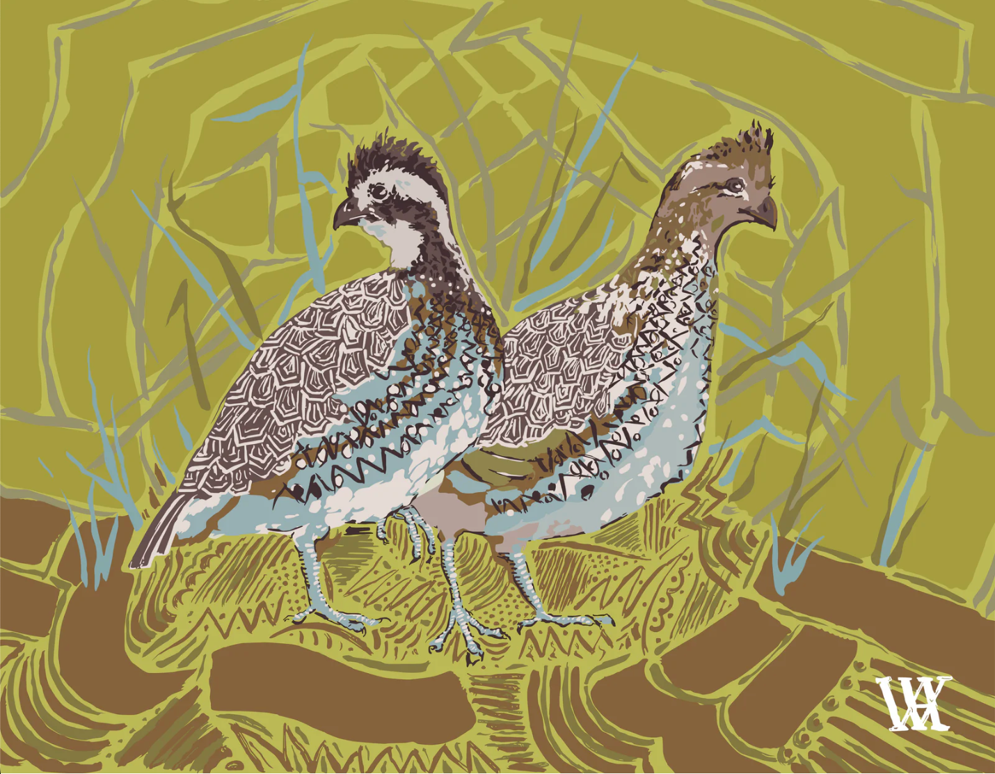 Chartreuse Bobwhite Pair Painting - 8X10