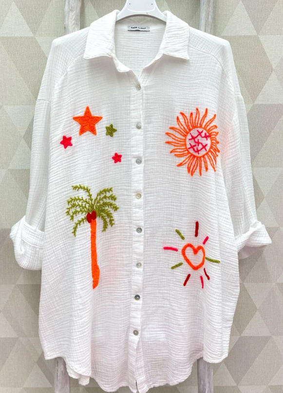 White Palm & Sun Oversized Gauze Cotton Shirt