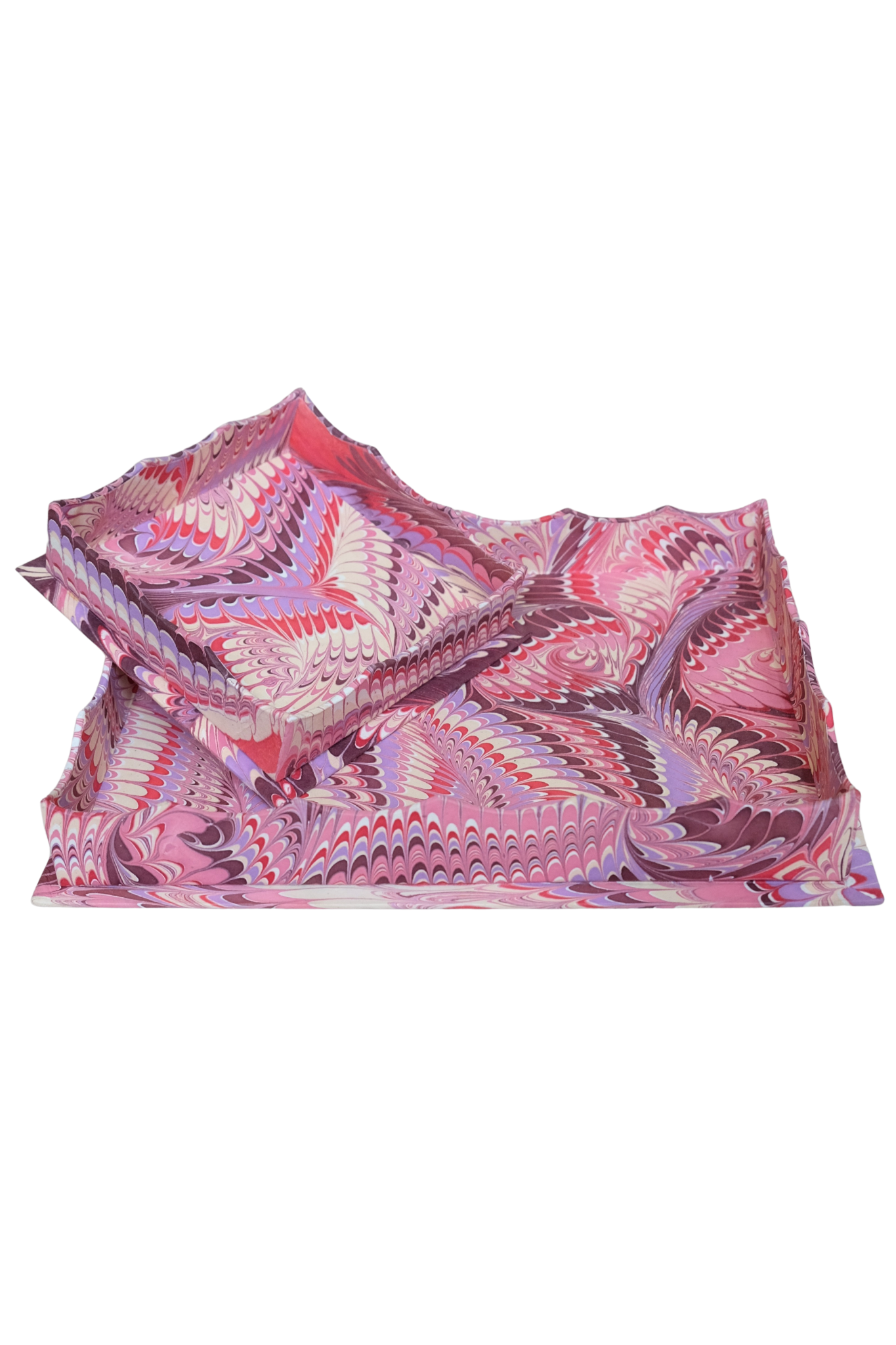 Nesting Scalloped Hand-Marbled Trays in Florentine Pink
