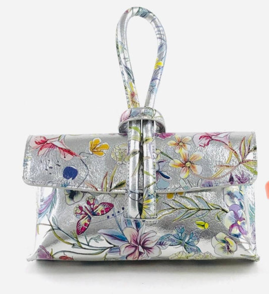 Betty Italian Silver Floral Leather Crossbody Bag