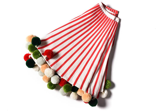 Red Stripe Tree Skirt with Pom Poms