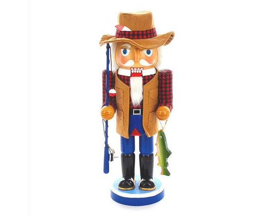 12"WOODEN FISHING MAN NUTCRACKER