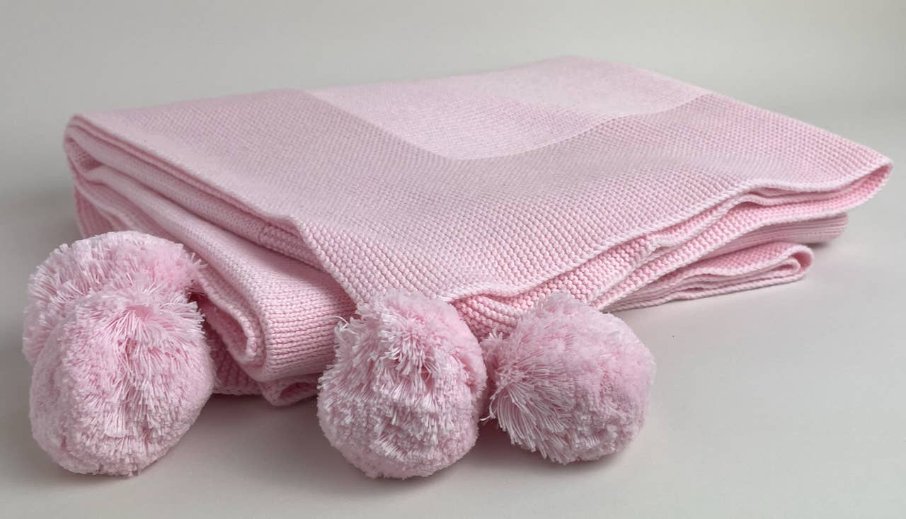 4031 - Knit Baby Blanket with Pompoms 100%Cotton: Pink