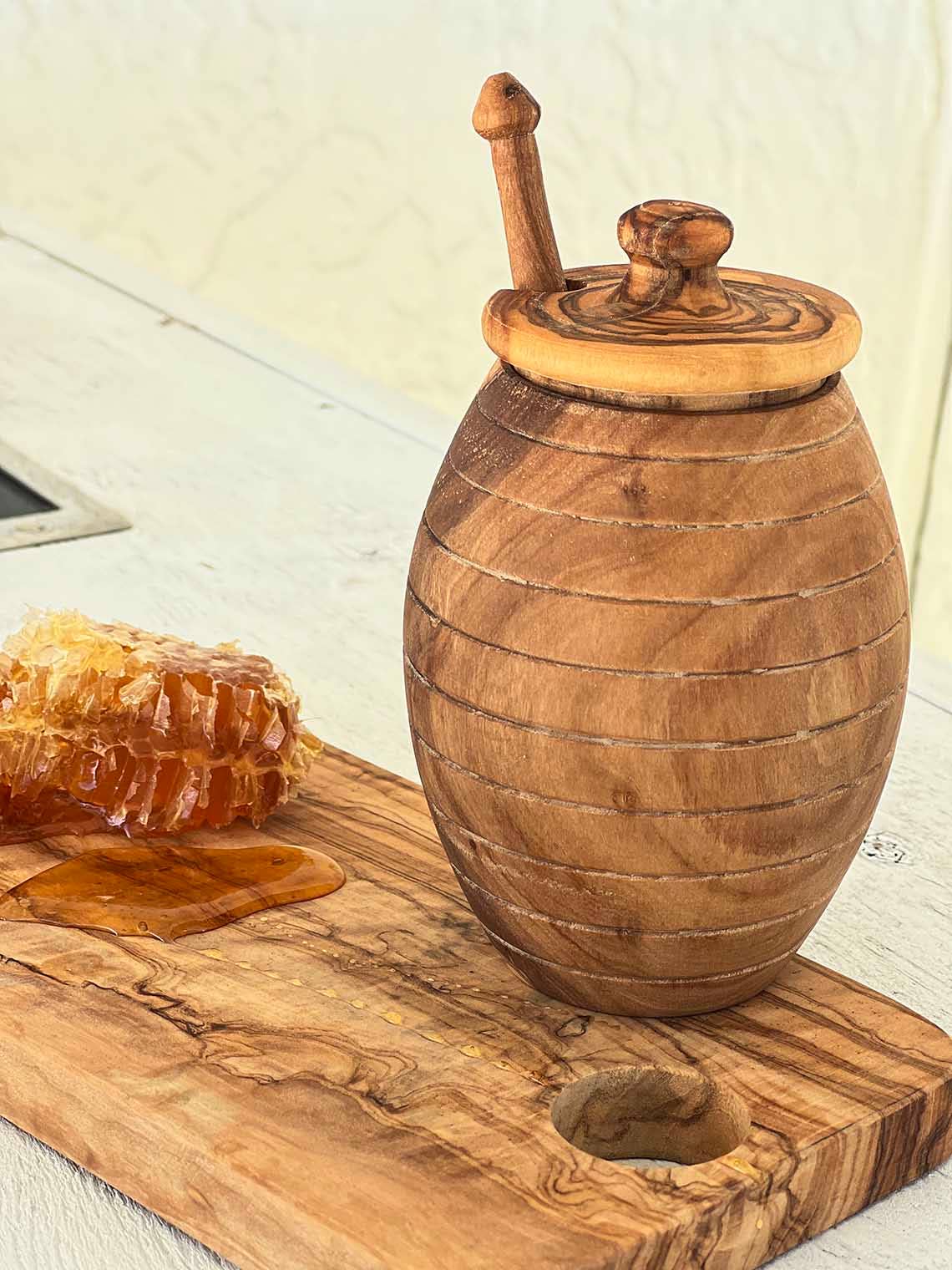 Olive Wood Honey Jar and Its Spoon