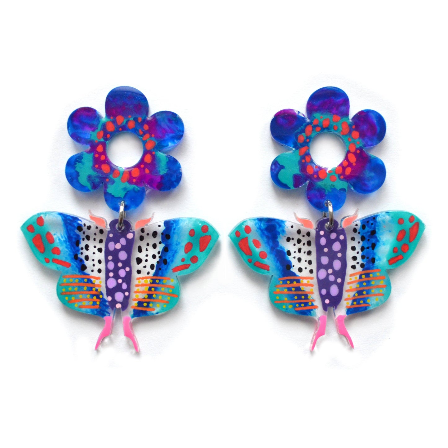 Blue Butterfly and Flower Resin Earrings