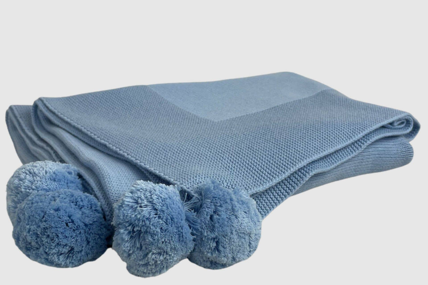 4031 - Knit Baby Blanket with Pompoms 100%Cotton: Light Blue